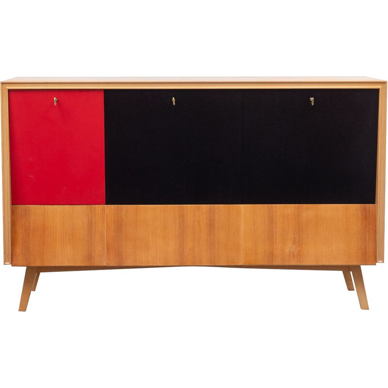 Vintage bar cabinet with integrated lighting in walnut and red formica 1950