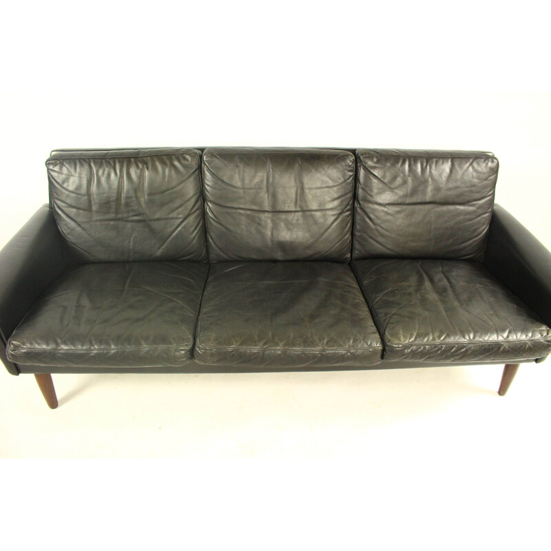 Vintage sofa for Vejen in black leather and wood 1960