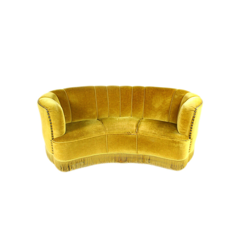 Vintage danish Banana Sofa in yellow velvet and wood 1940