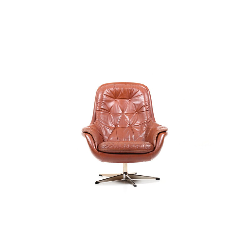 Vintage danish swivel lounge chair in brown leather 1960