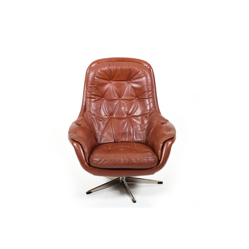 Vintage danish swivel lounge chair in brown leather 1960