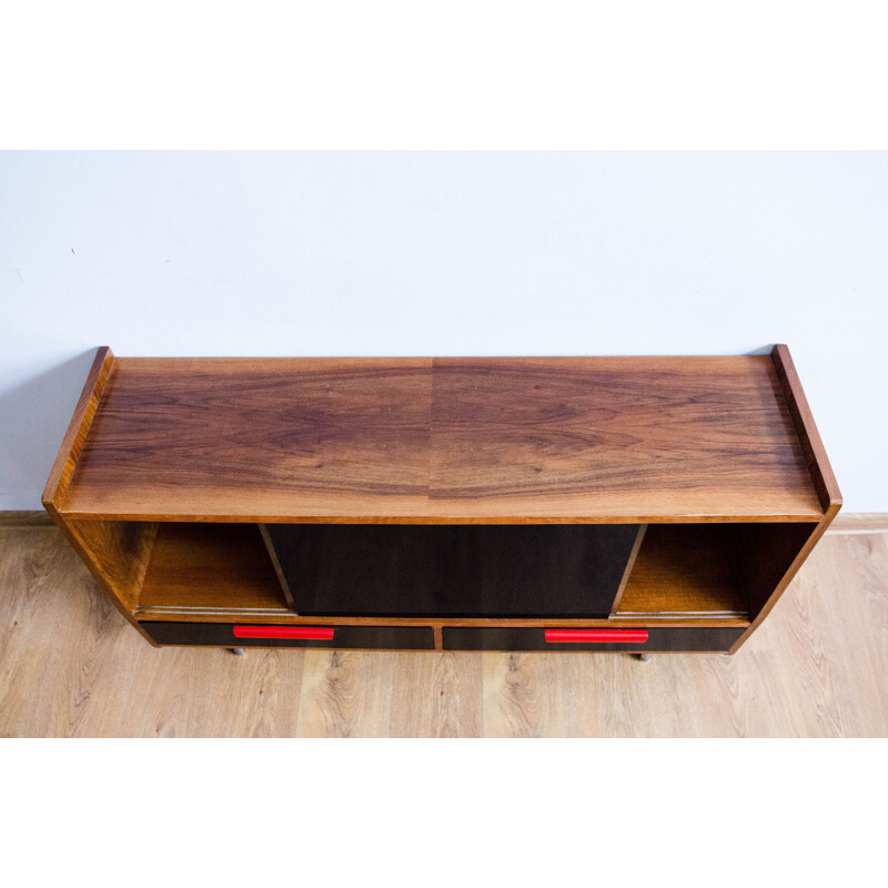 Vintage sideboard by Lejkowski and Leśniewski in wood and glass 1960