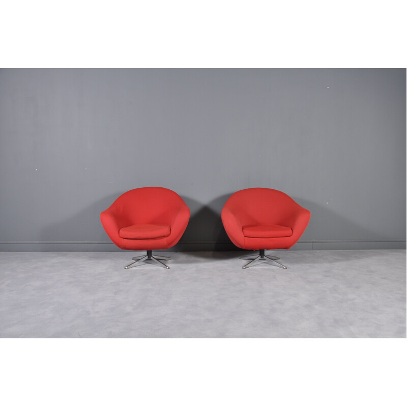 Pair of vintage swivel armchairs in red fabric and metal 1980