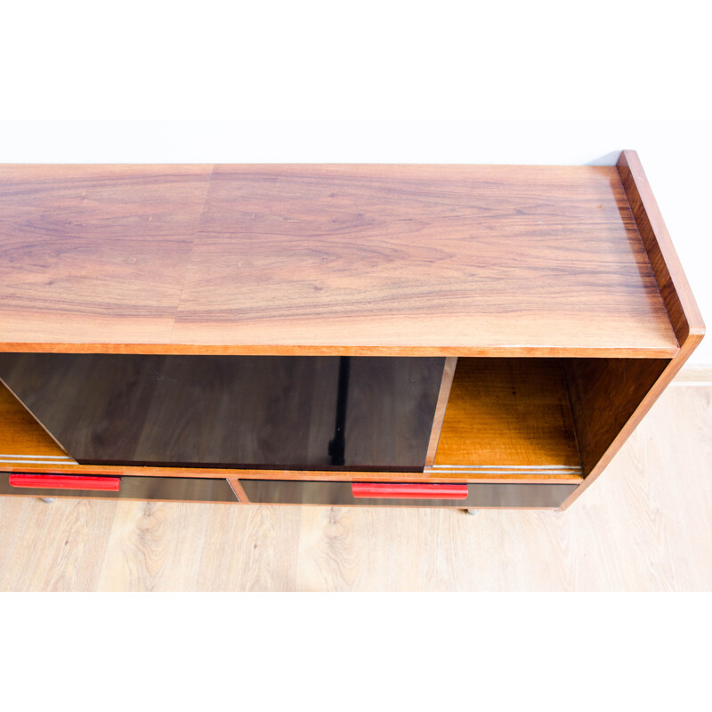 Vintage sideboard by Lejkowski and Leśniewski in wood and glass 1960