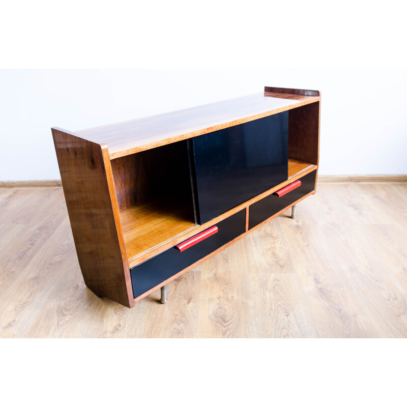 Vintage sideboard by Lejkowski and Leśniewski in wood and glass 1960