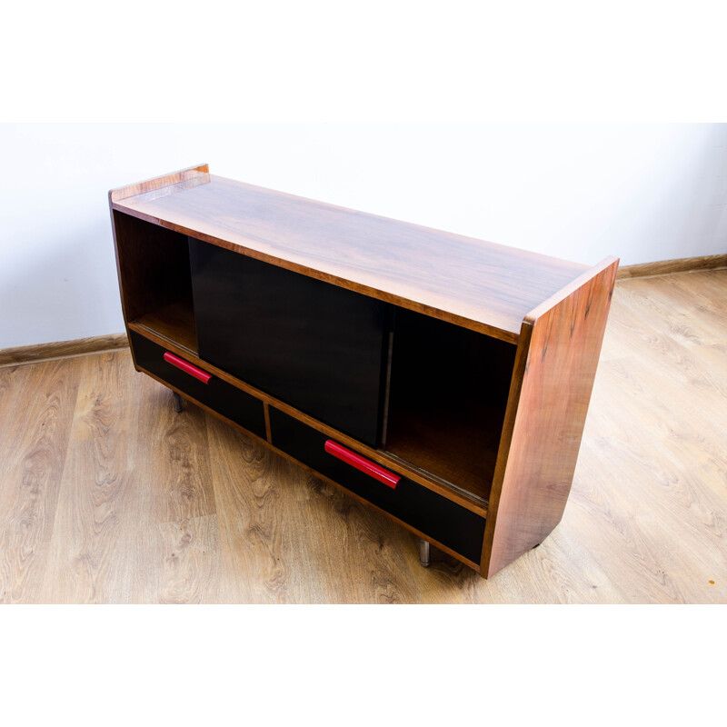 Vintage sideboard by Lejkowski and Leśniewski in wood and glass 1960