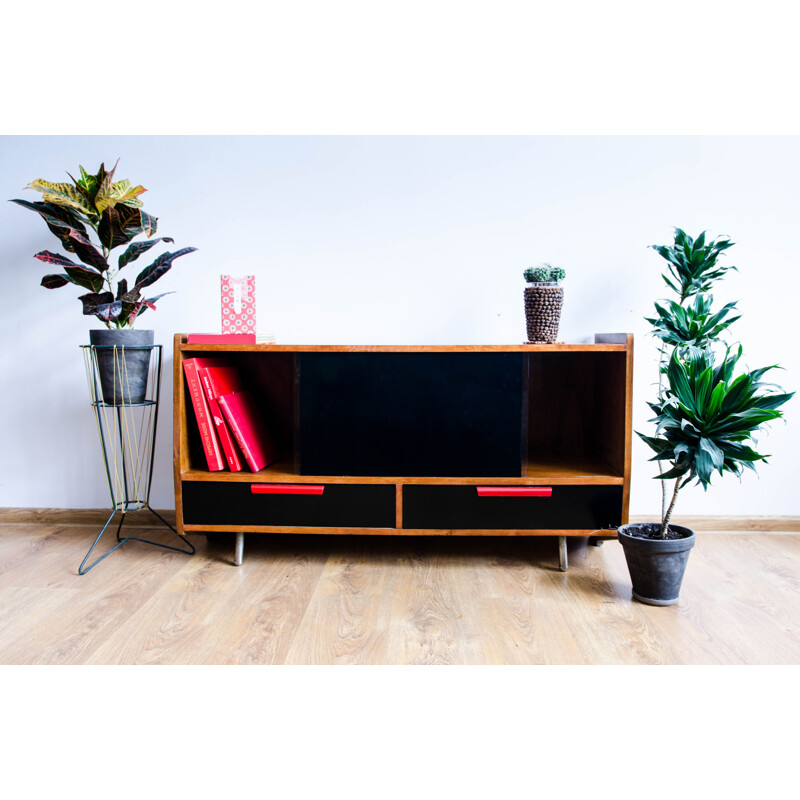 Vintage sideboard by Lejkowski and Leśniewski in wood and glass 1960