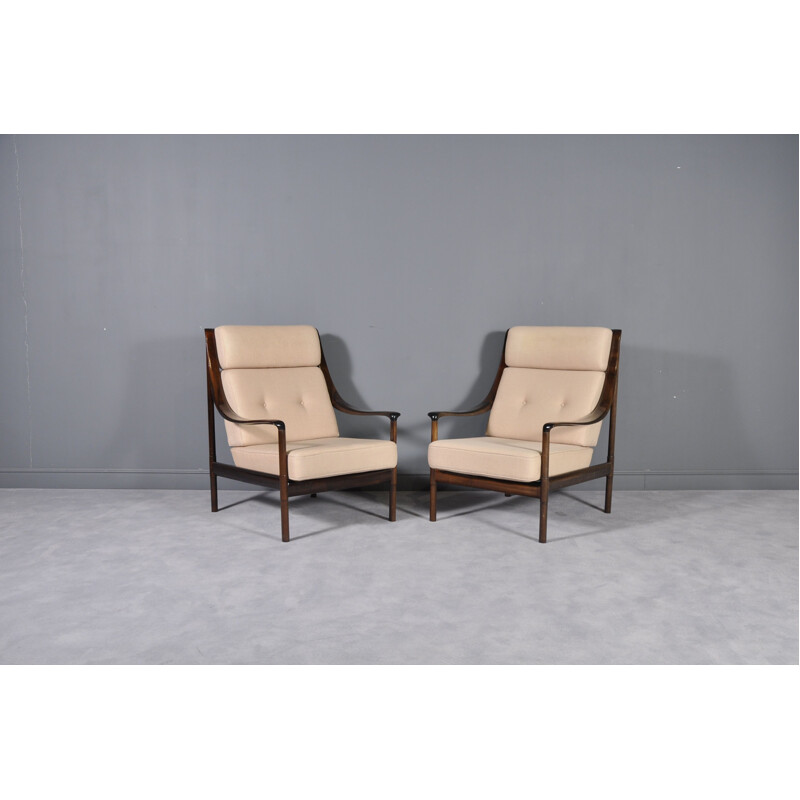 Pair of vintage armchairs by Knoll in mahogany and beige fabric 1960