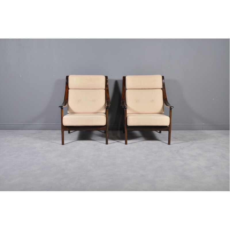 Pair of vintage armchairs by Knoll in mahogany and beige fabric 1960