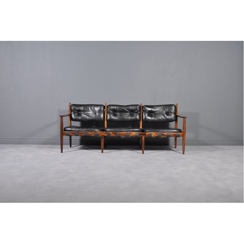 Vintage sofa in rosewood and black leather by Eric Merthen for IRE AB Skillingaryd Möbler, Sweden 1960s