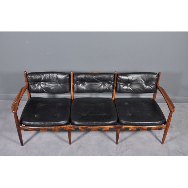 Vintage sofa in rosewood and black leather by Eric Merthen for IRE AB Skillingaryd Möbler, Sweden 1960s