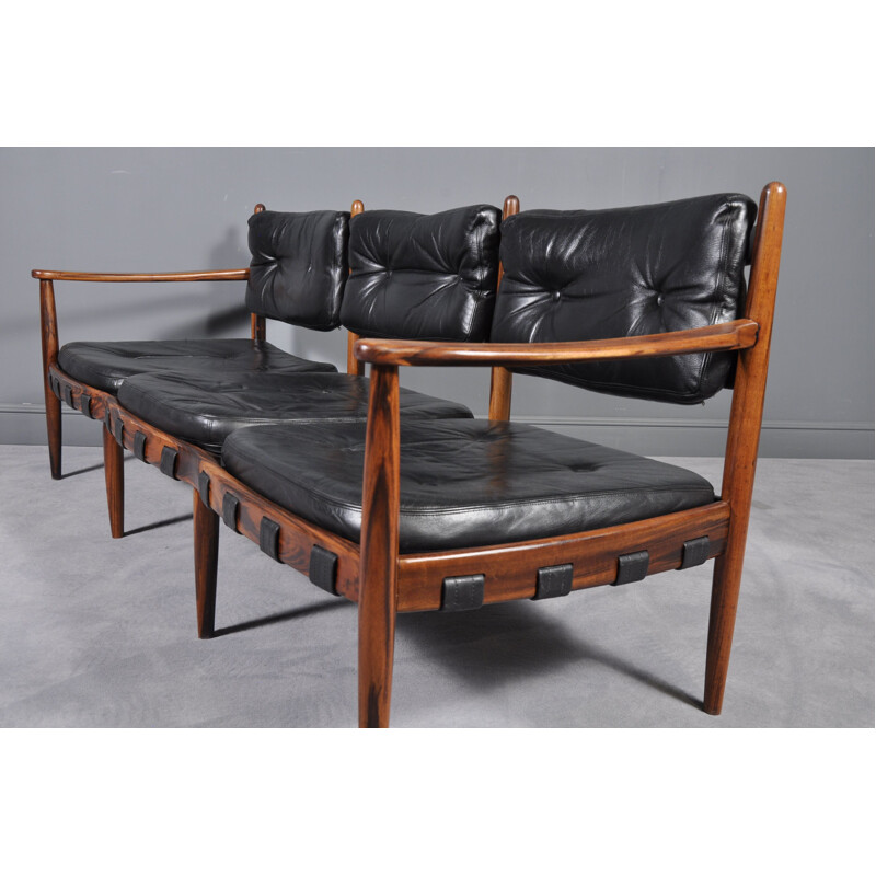 Vintage sofa in rosewood and black leather by Eric Merthen for IRE AB Skillingaryd Möbler, Sweden 1960s