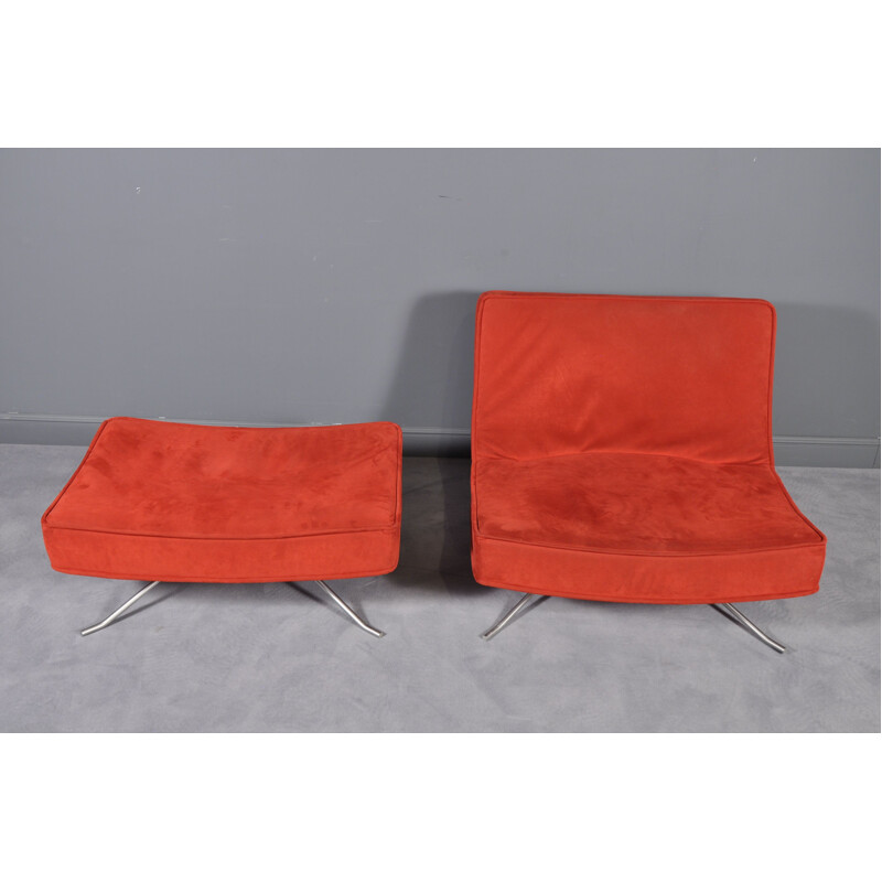 Vintage low chair & ottoman Pop red for Ligne Roset by Christian Werner France 1990s