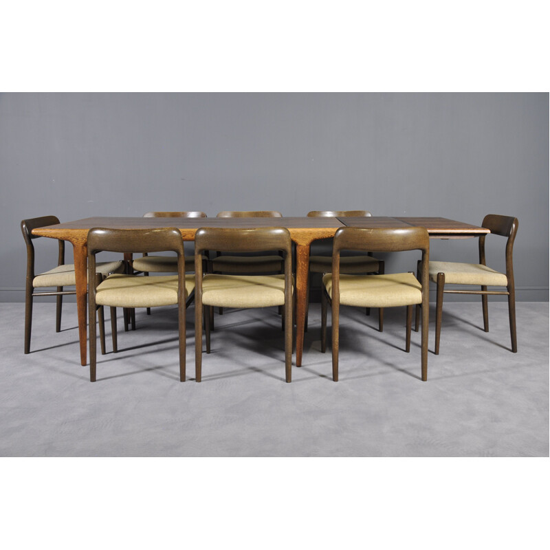 Vintage dining set table & 8 chairs in oak by N.O. Möller for J.L. Moller Møbelfabrik, Scandinavian 1960s