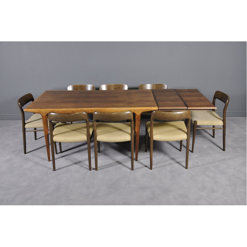 Vintage dining set table & 8 chairs in oak by N.O. Möller for J.L. Moller Møbelfabrik, Scandinavian 1960s