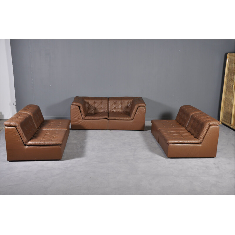 Vintage living room set modular sofa cognac leather Germany 1970s