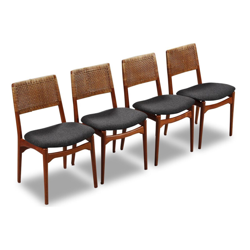 Ensemble de 4 chaises vintage en teck et rotin par E. Knudsen 