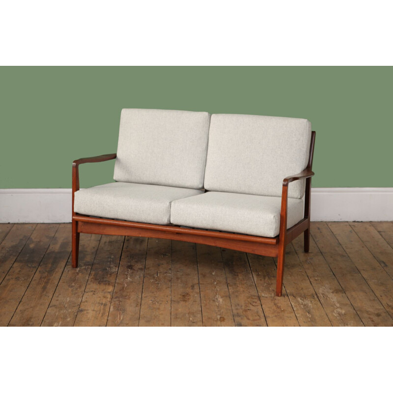 Vintage grey 2-seater sofa in teak 1960