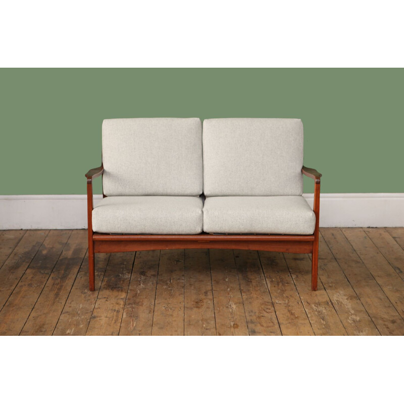 Vintage grey 2-seater sofa in teak 1960