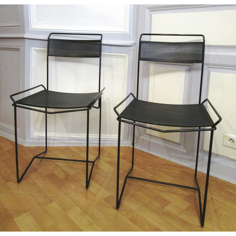 Pair of vintage chairs in steel and black perforated metal 1970-80s