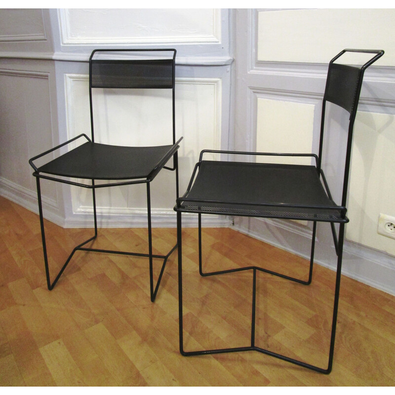 Pair of vintage chairs in steel and black perforated metal 1970-80s