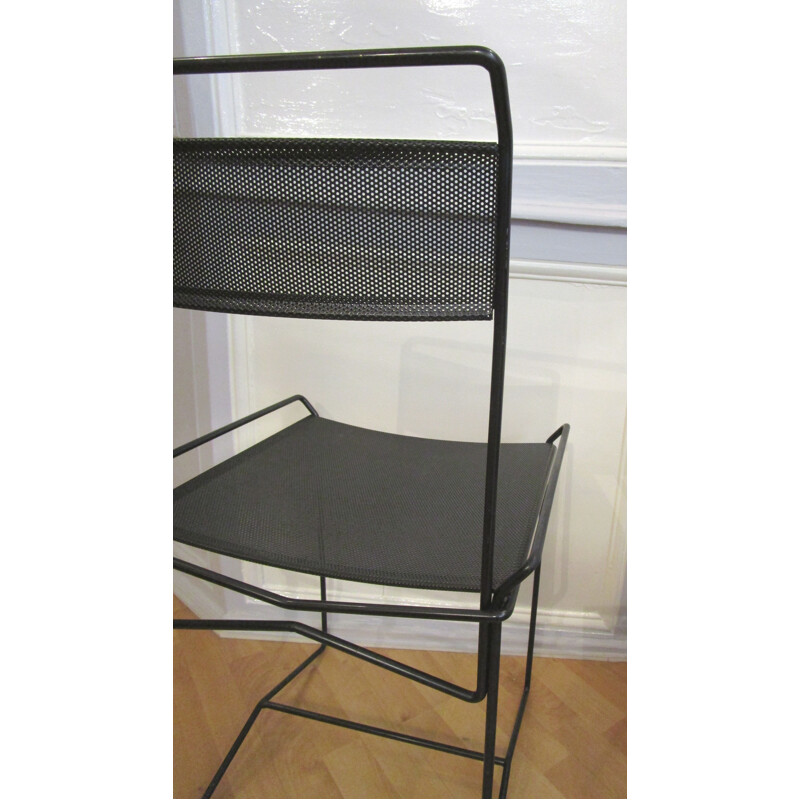 Pair of vintage chairs in steel and black perforated metal 1970-80s