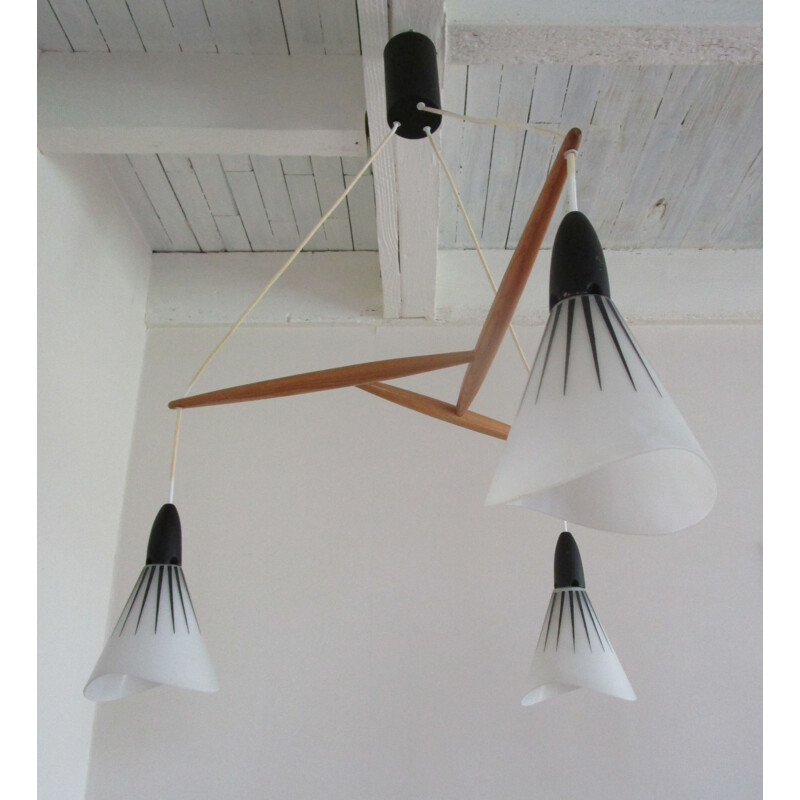 Vintage hanging lamp teak and glass Rispal 1960s