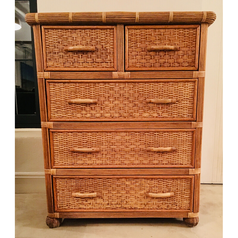 Vintage chest of drawers in rattan and bamboo 1970s