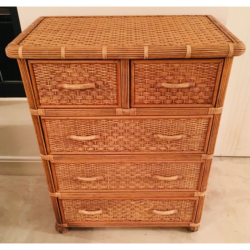 Vintage chest of drawers in rattan and bamboo 1970s