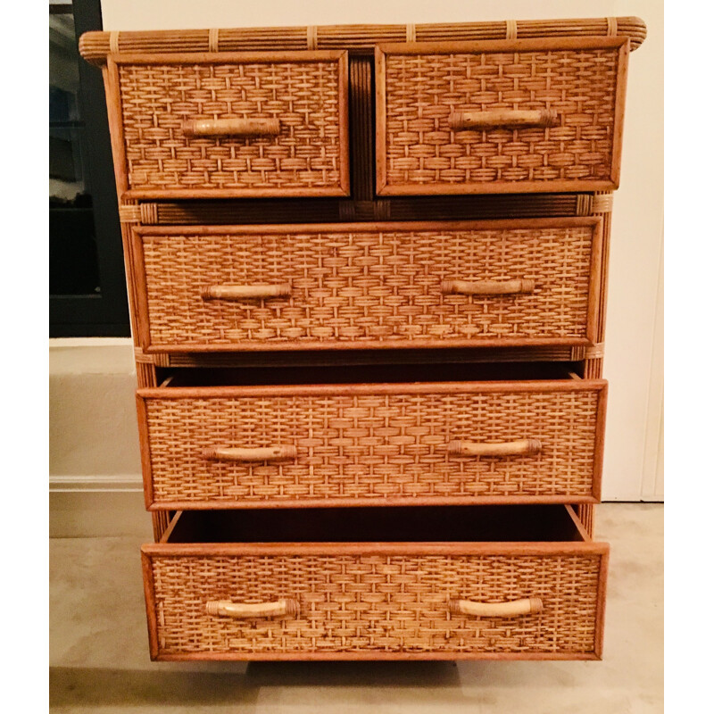 Vintage chest of drawers in rattan and bamboo 1970s