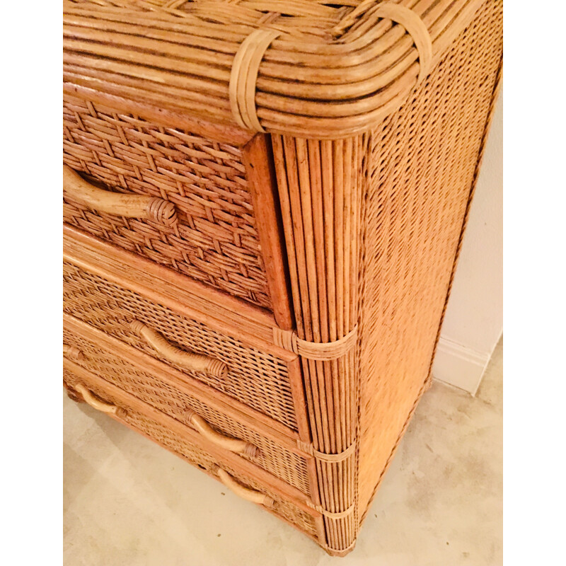 Vintage chest of drawers in rattan and bamboo 1970s