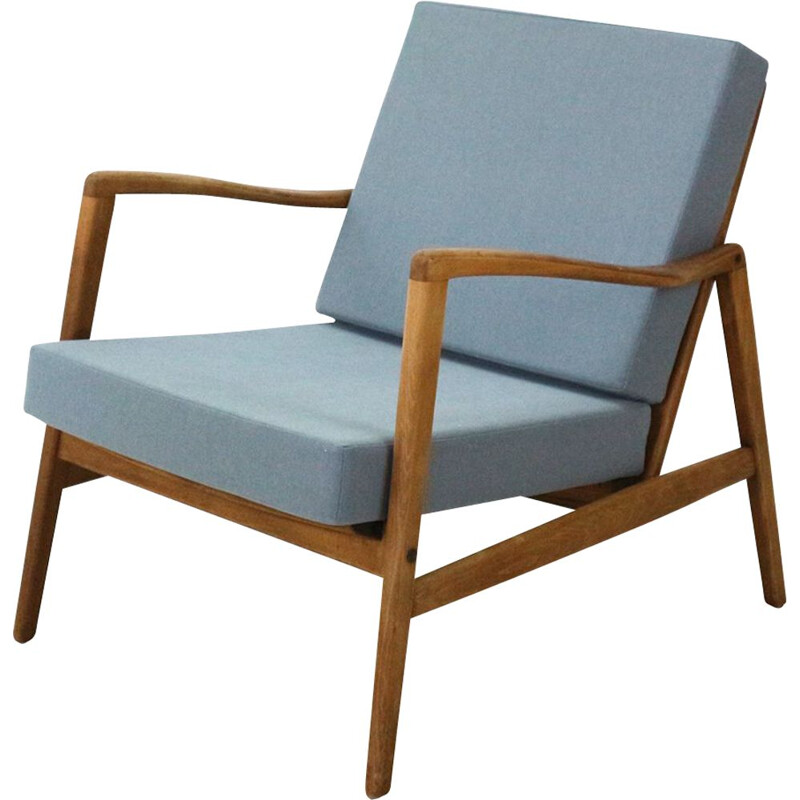 Vintage german armchair in blue fabric beechwood and walnut 1960