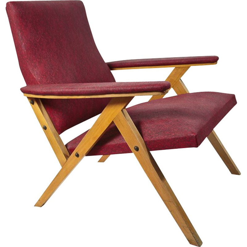 Vintage armchair in red Croco vinyl 1950