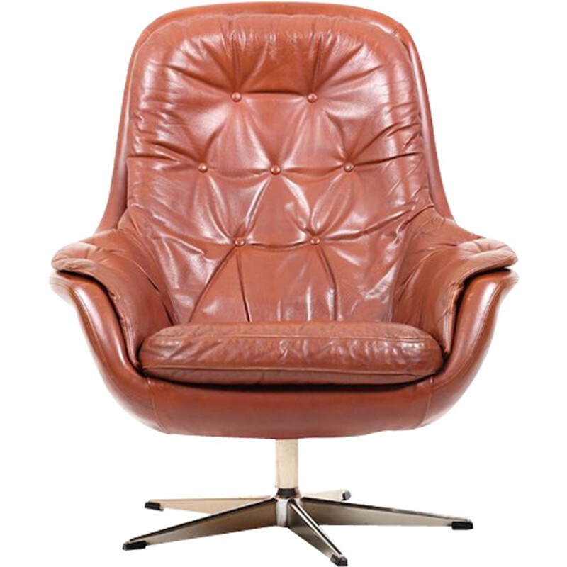Vintage danish swivel lounge chair in brown leather 1960