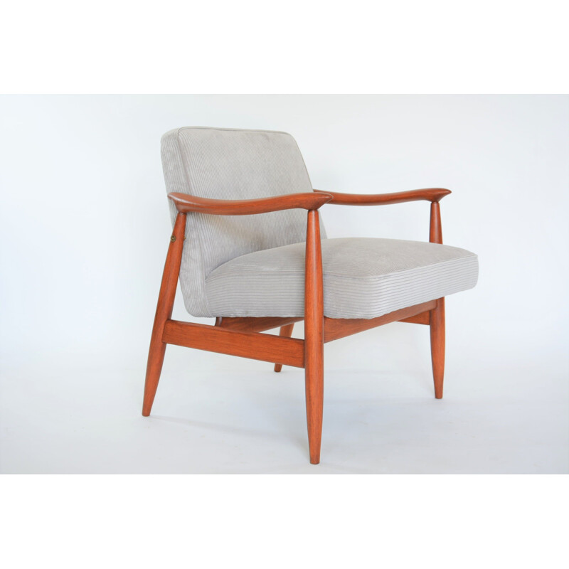 Fauteuil vintage en velours gris et bois 1960