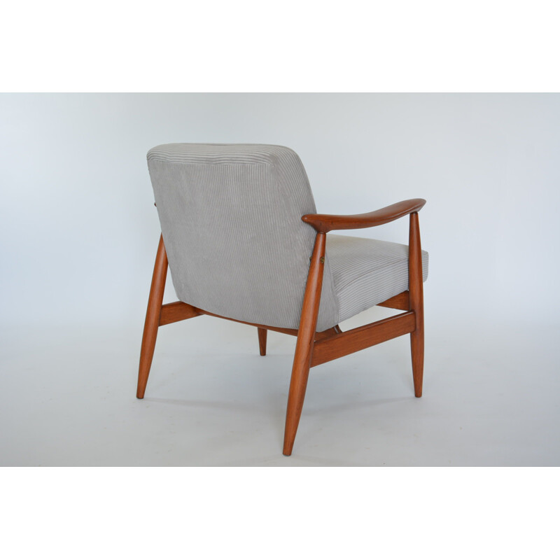 Fauteuil vintage en velours gris et bois 1960