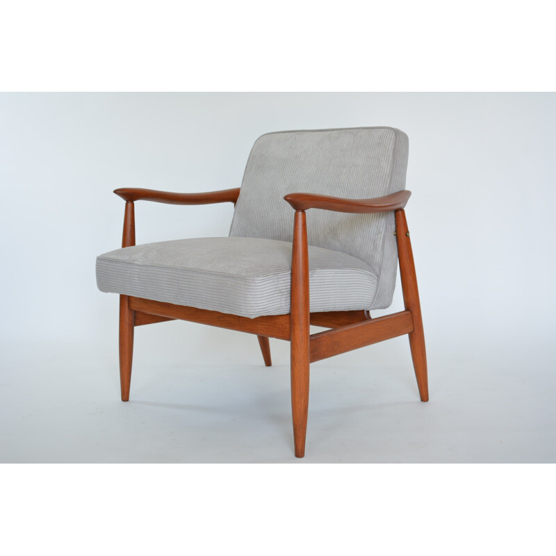 Fauteuil vintage en velours gris et bois 1960