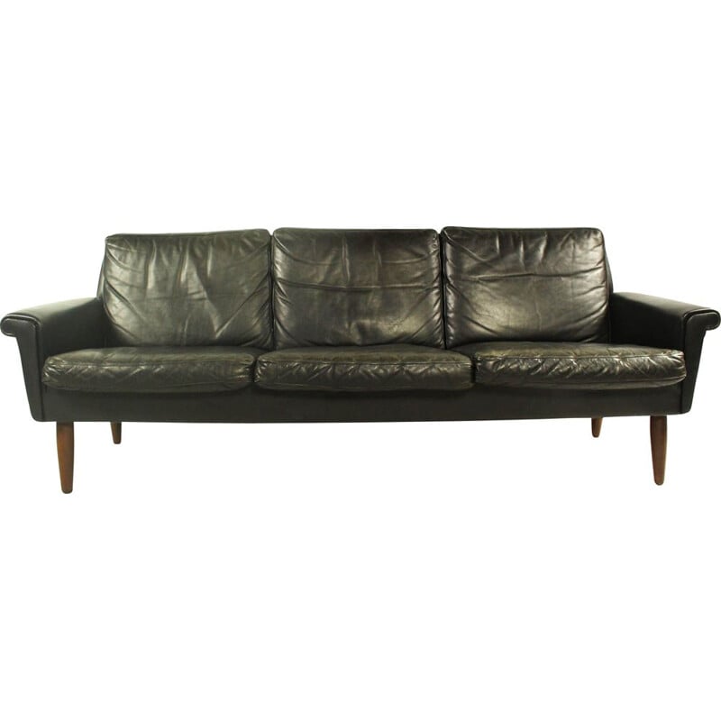 Vintage sofa for Vejen in black leather and wood 1960