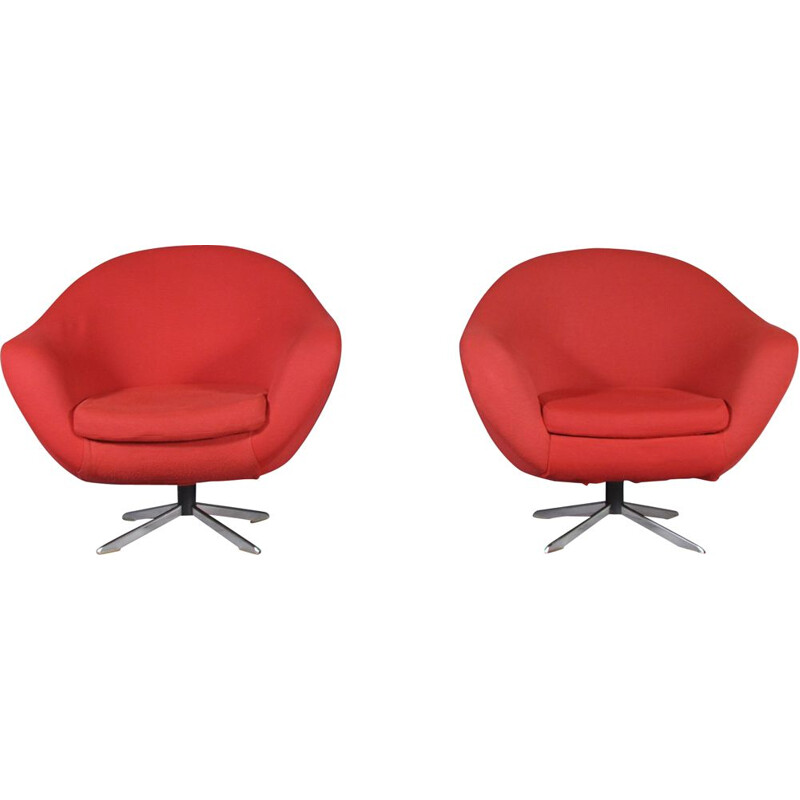 Pair of vintage swivel armchairs in red fabric and metal 1980