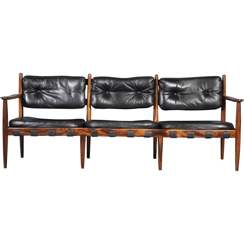 Vintage sofa in rosewood and black leather by Eric Merthen for IRE AB Skillingaryd Möbler, Sweden 1960s