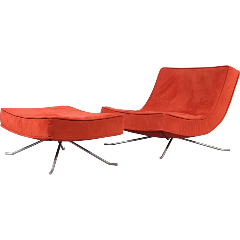 Vintage low chair & ottoman Pop red for Ligne Roset by Christian Werner France 1990s