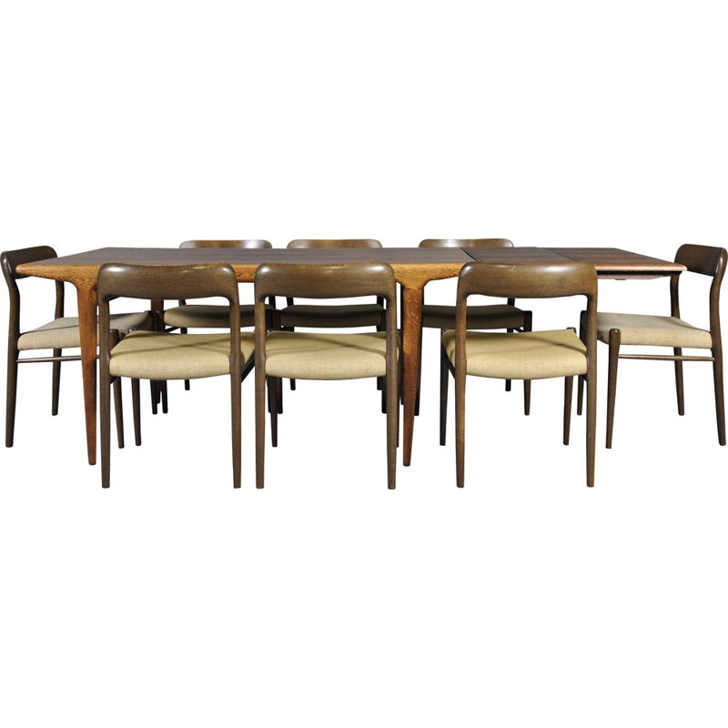 Ensemble à repas vintage table & 8 chaises en chêne par N.O. Möller pour J.L. Moller Møbelfabrik, Scandinave années 1960