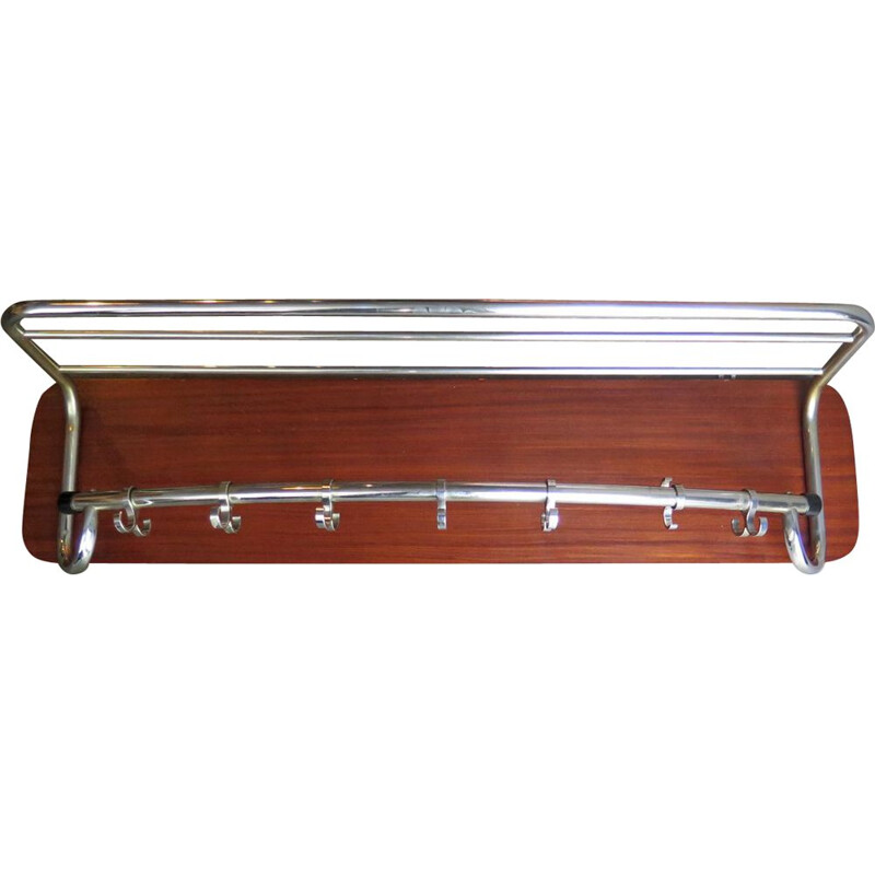 Vintage coat rack chrome metal in a wooden board 1950s