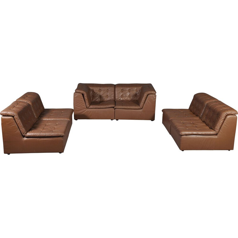 Vintage living room set modular sofa cognac leather Germany 1970s