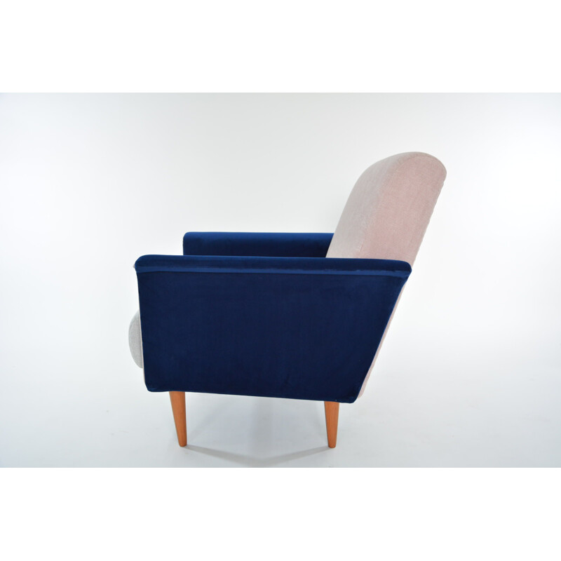 Fauteuil vintage allemand en tissu bleu et bois 1960