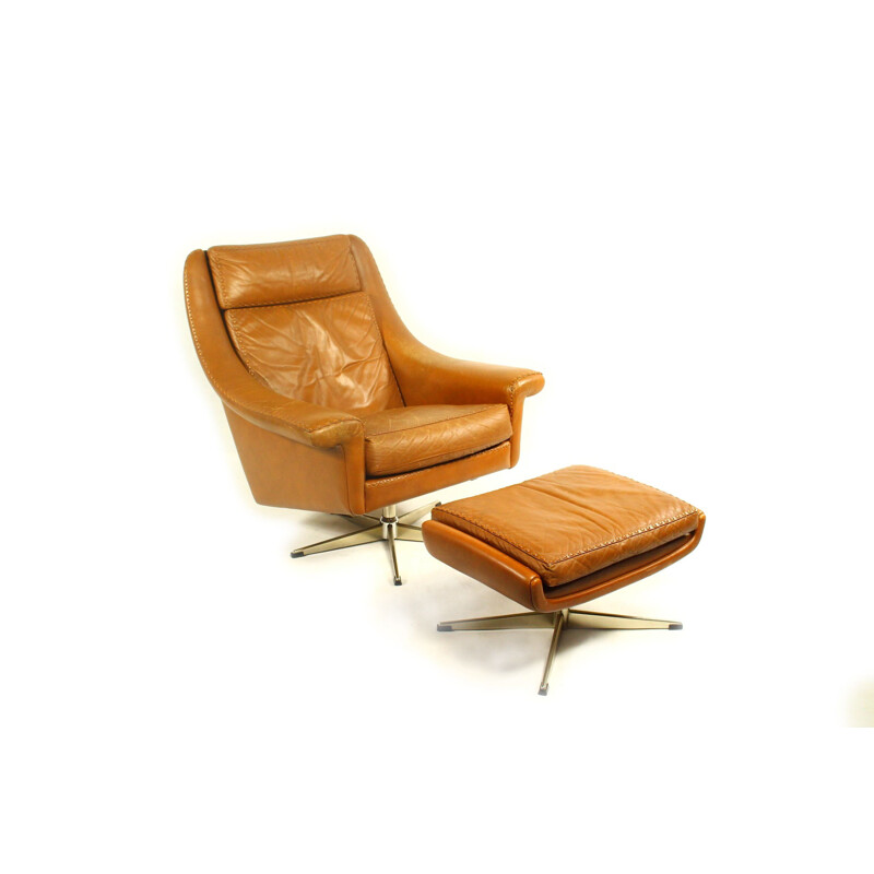 Fauteuil vintage danois Matador avec son repose-pieds pour Erhardsen & Andersen en cuir marron