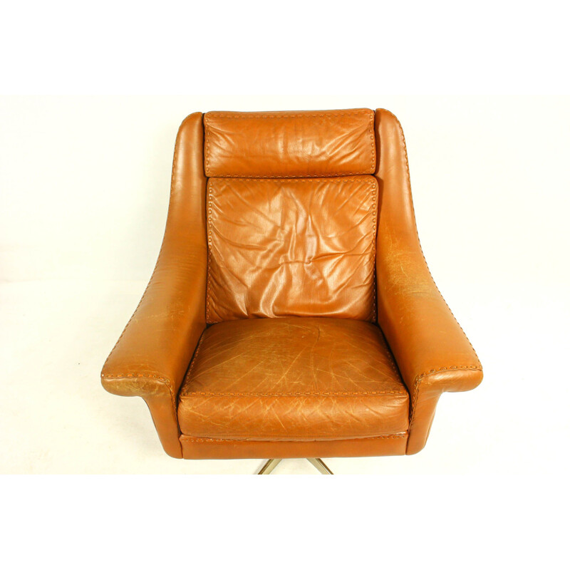 Vintage danish Matador armchair with footrest for Erhardsen & Andersen in brown leather