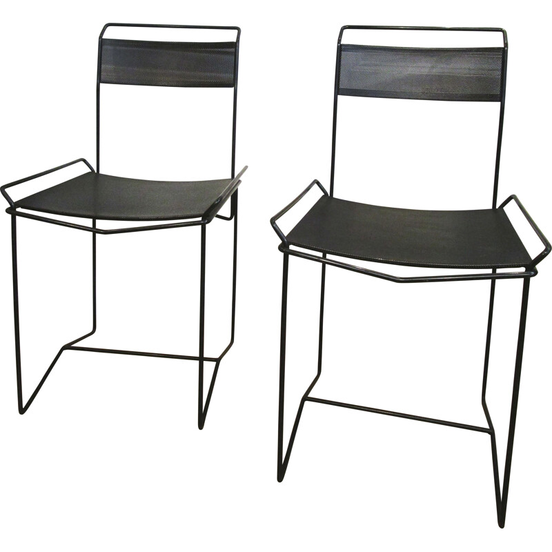 Pair of vintage chairs in steel and black perforated metal 1970-80s
