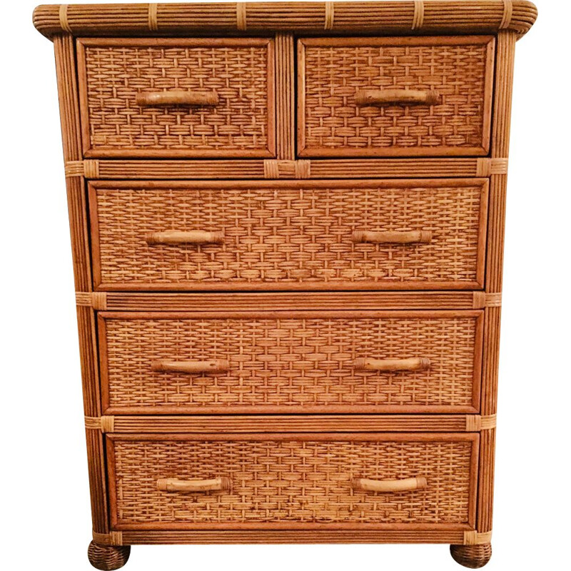 Vintage chest of drawers in rattan and bamboo 1970s