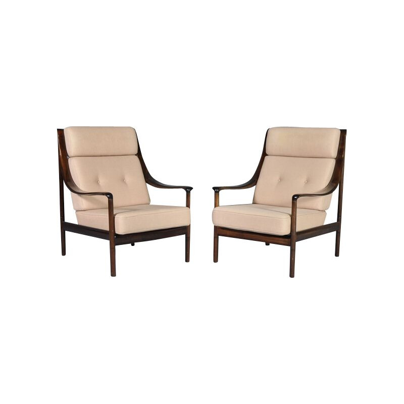 Pair of vintage armchairs by Knoll in mahogany and beige fabric 1960